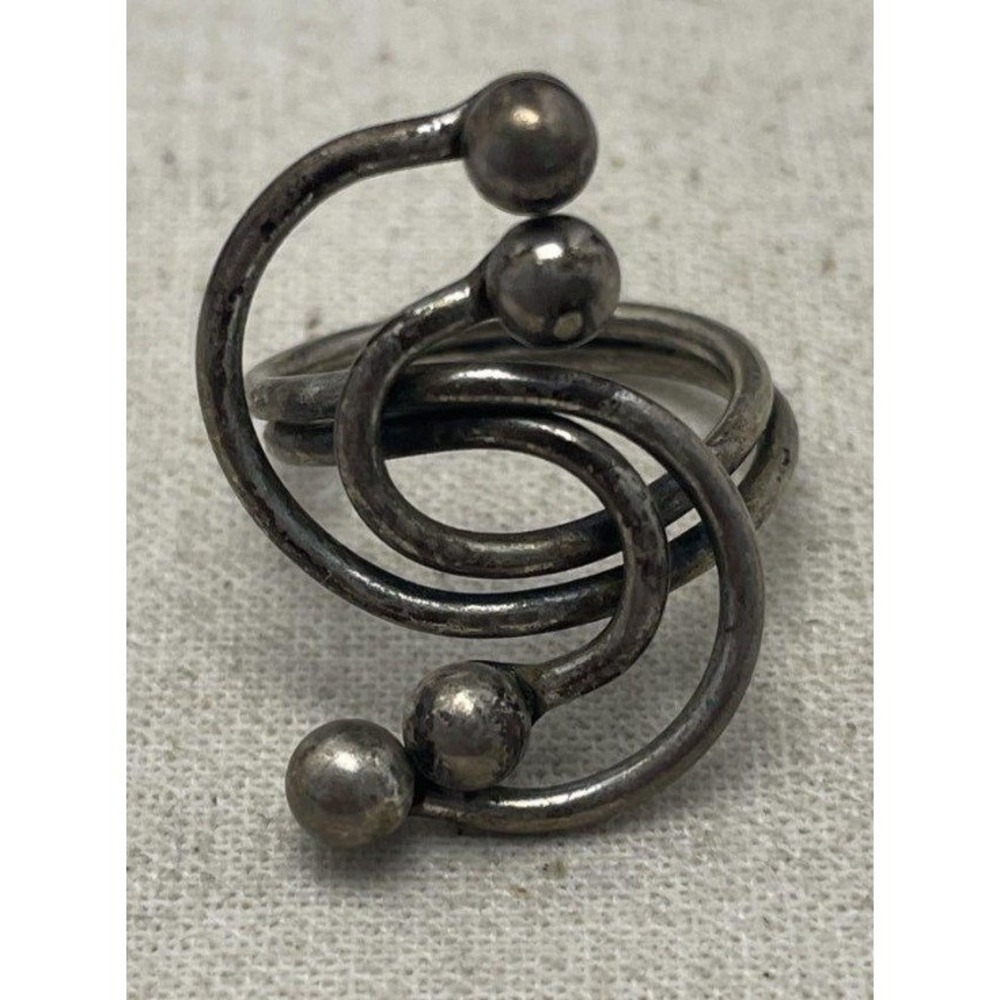 Vintage Sterling Silver Brutalist Swirl Bypass Ring Size 6.5 Modernist Spheres
